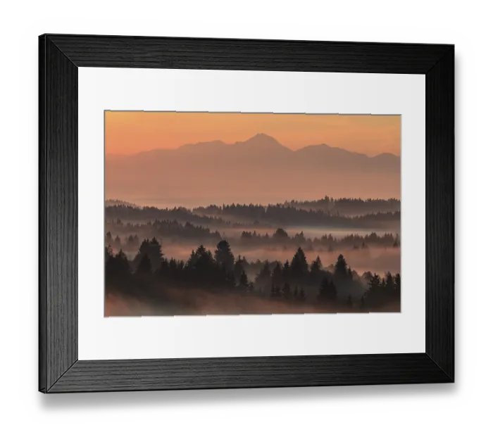 Framed Print : Morning fog over trees, mountains