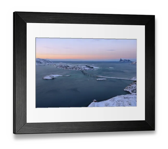Framed Print : Fjord with islands and a bridge during the blue hour