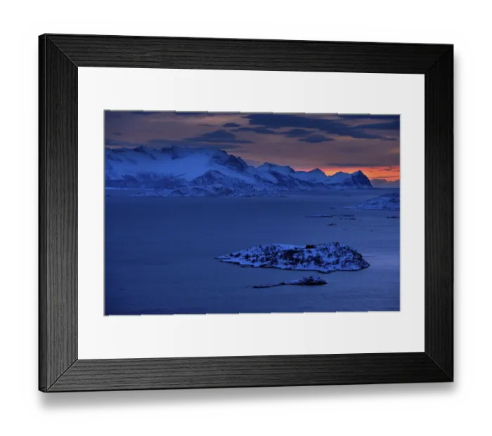 Framed Print : Fjord with mountains in winter at sunset