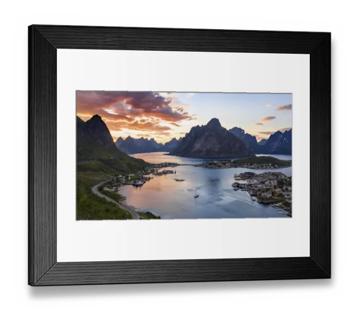 Framed Print : Aerial view, sunset at Reinefjord with mountains