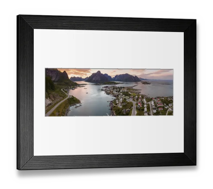 Framed Print : Aerial view, sunset at Reinefjord with mountains Framed Print : Aerial view, sunset at Reinefjord with mountains