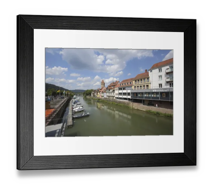 Framed Print : Tauber riverbank with landing stage for boats Framed Print : Tauber riverbank with landing stage for boats