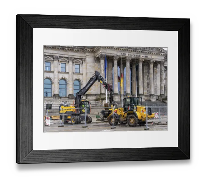 Framed Print : Construction machinery at the building site of the Reichstag building