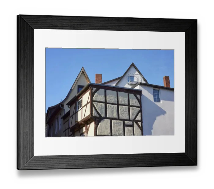 Framed Print : Half-timbered houses and pointed gables in the city centre of Minden Framed Print : Half-timbered houses and pointed gables in the city centre of Minden