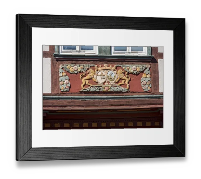 Framed Print : Colourfully painted carvings, lions with coat of arms medallions Framed Print : Colourfully painted carvings, lions with coat of arms medallions