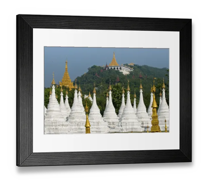 Framed Print : Many white, golden-tipped stupas forming several rows