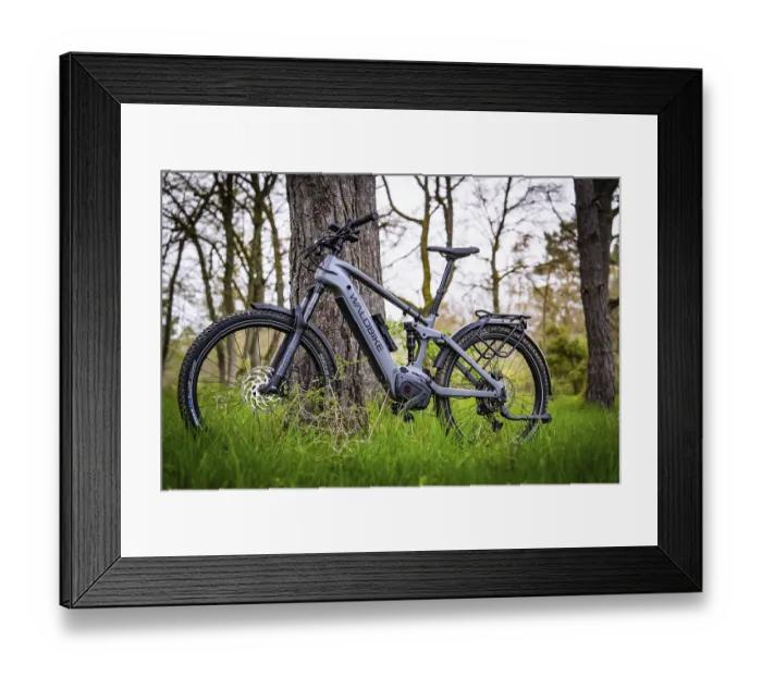 Framed Print : An e-bike leaning against a tree in a spring-like forest