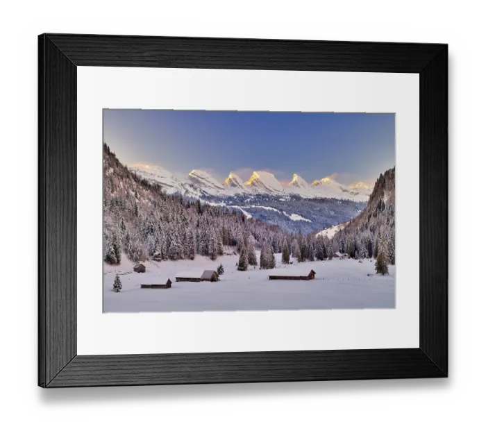 Framed Print : Toggenburg in winter, view of Churfirsten at sunrise Framed Print : Toggenburg in winter, view of Churfirsten at sunrise