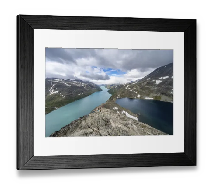 Framed Print : View of Lake Gjende, Lake Bessvatnet and mountains