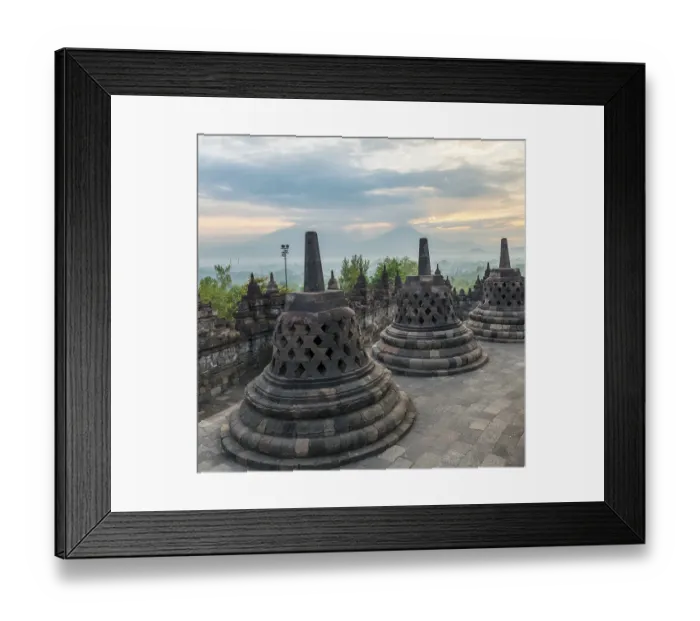 Framed Print : Borobudur temple, stupas, cloudy sky