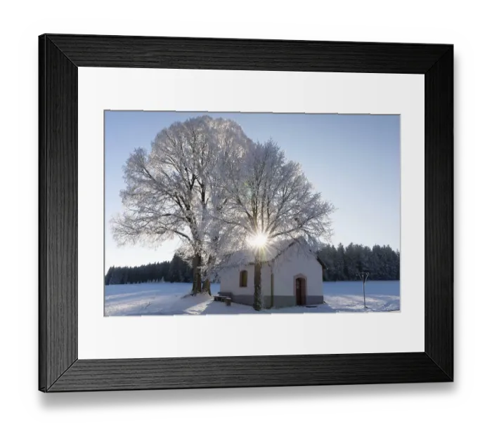 Framed Print : Chapel in front of tree in frost Framed Print : Chapel in front of tree in frost