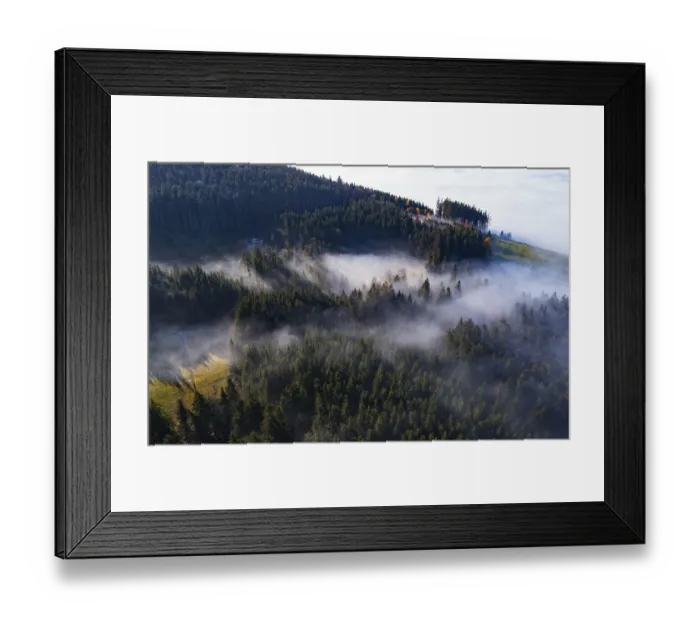 Framed Print : Drone shot, autumn landscape, morning fog over a coniferous forest