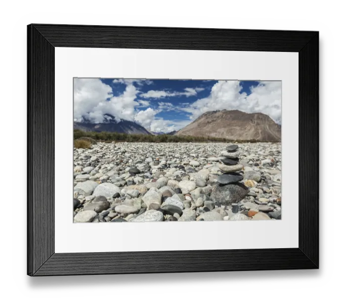 Framed Print : Zen balanced stones stack in Himalayas mountains