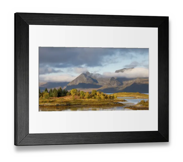 Framed Print : Autumn landscape, fjords with mountains in the background