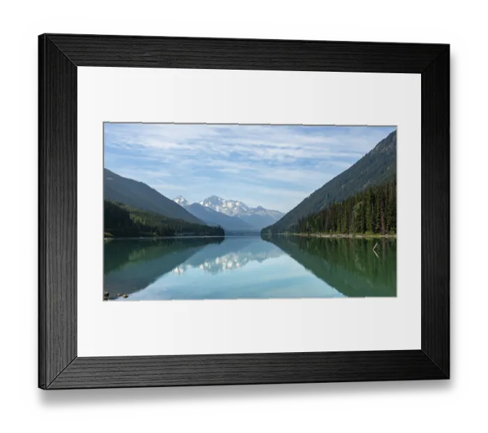 Framed Print : Duffey Lake, snow-capped mountains seal themselves in a lake