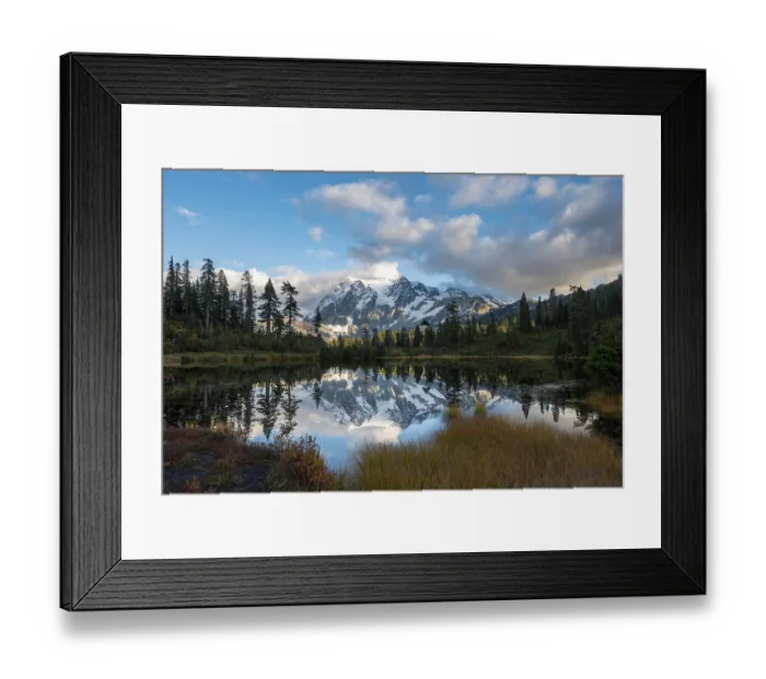Framed Print : Mt. Shuksan glacier with snow reflecting in Picture Lake