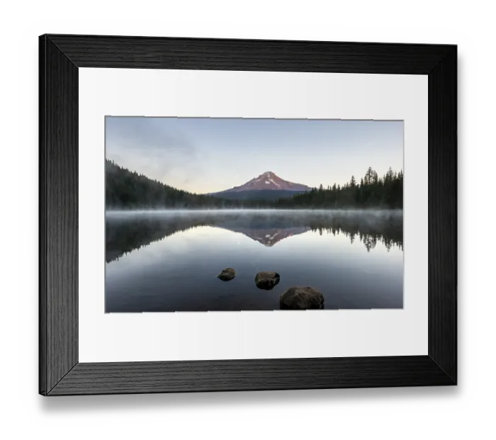 Framed Print : Three stones in the water, reflection of the volcano Mt
