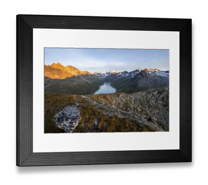 Framed Print : Picturesque mountain landscape at the summit Mont de la Blana at sunset
