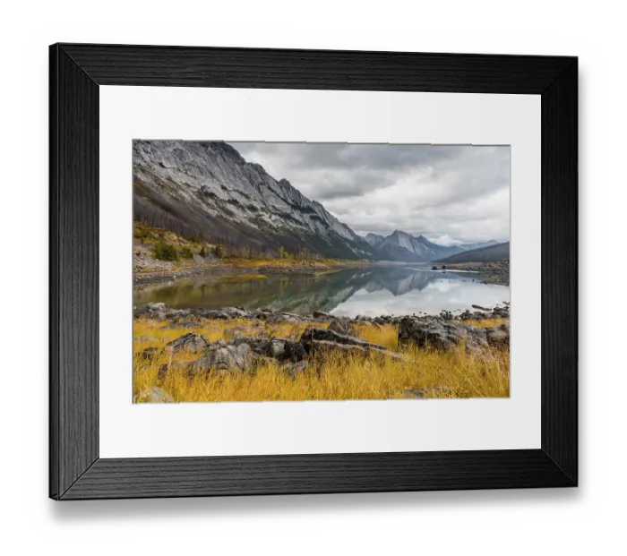 Framed Print : Mountains reflected in a lake, Medicine Lake Framed Print : Mountains reflected in a lake, Medicine Lake