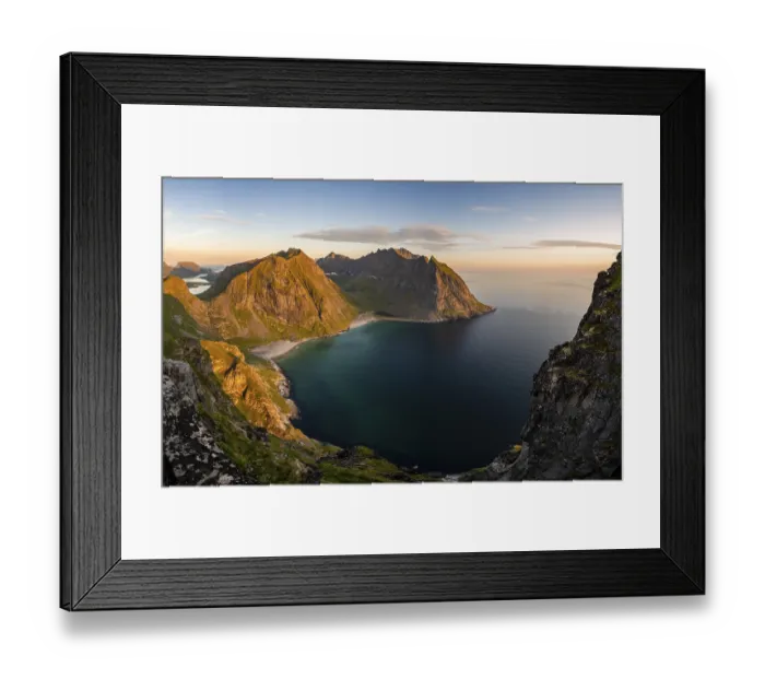 Framed Print : Dusk, view from the summit to Kvalvika beach and sea