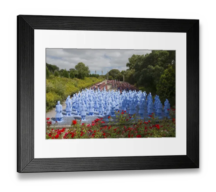 Framed Print : Numerous blue terracotta soldier statues stand on a path lined with flowers and trees Framed Print : Numerous blue terracotta soldier statues stand on a path lined with flowers and trees