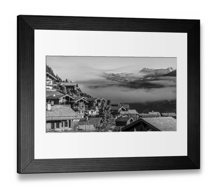 Framed Print : Roofs covered with hoarfrost, fog rising