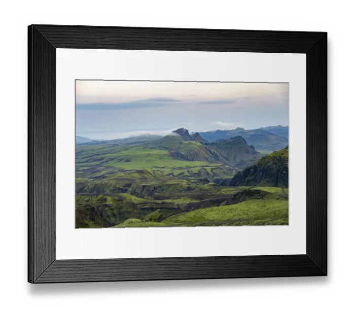 Framed Print : Moss-covered volcanic mountain landscape