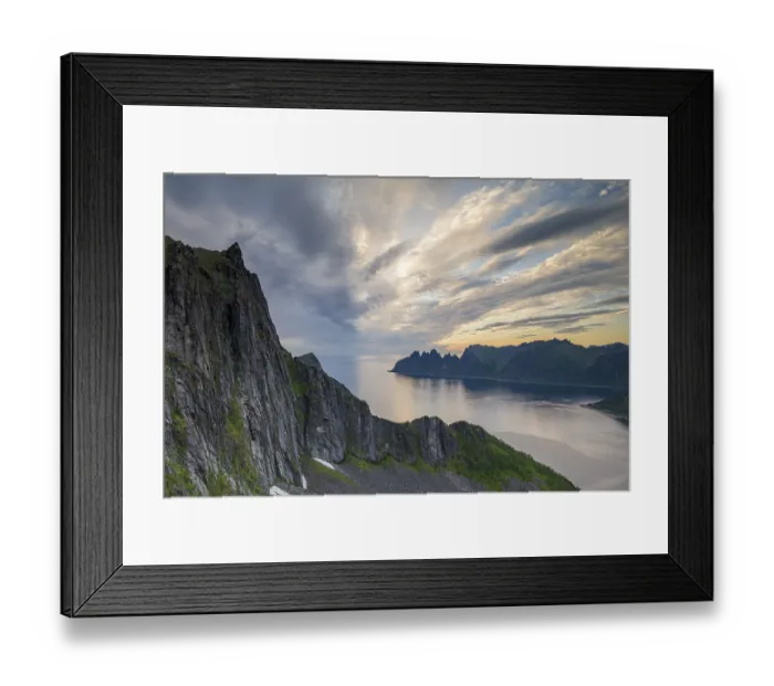 Framed Print : Fjord and mountains, mountain range Okshornan in the back Framed Print : Fjord and mountains, mountain range Okshornan in the back