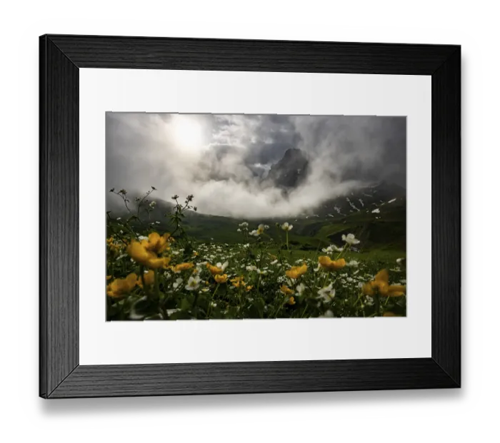 Framed Print : Peaks in the morning light and alpine landscape with dramatic clouds