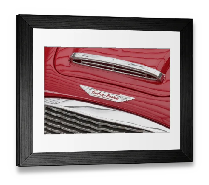 Framed Print : Austin Healey emblem on a Roadster