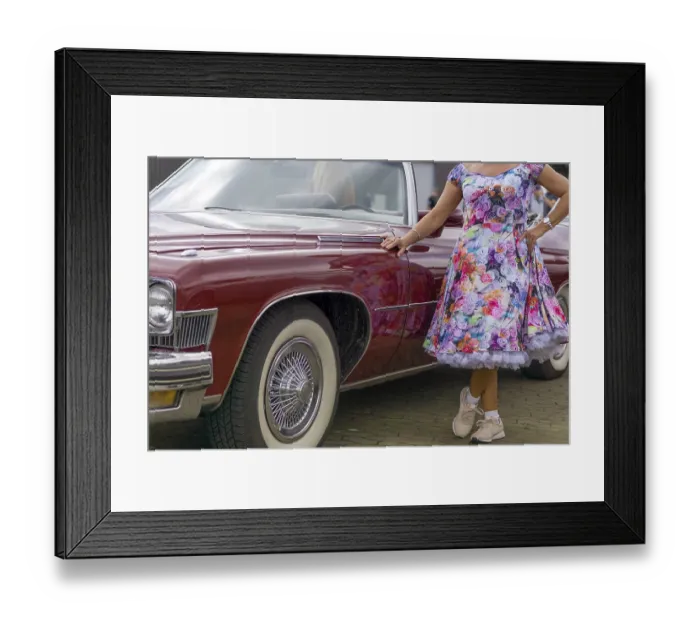 Framed Print : Vintage American road cruiser Buick with woman and petticoat