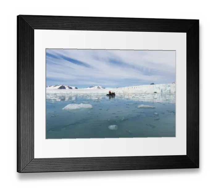 Framed Print : Zodiac boat with tourists navigating in front of Lilliehook glacier