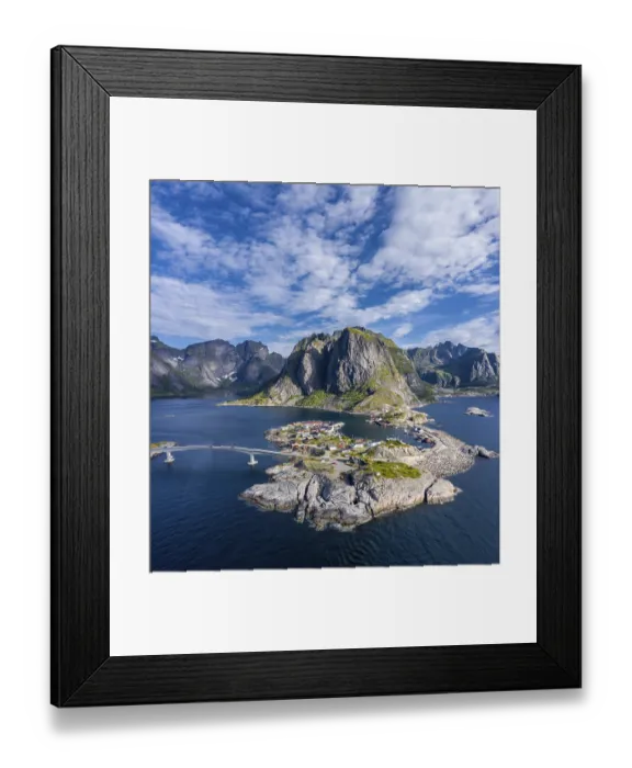 Framed Print : Aerial view, Hamnoy, Reinefjord with mountains Framed Print : Aerial view, Hamnoy, Reinefjord with mountains