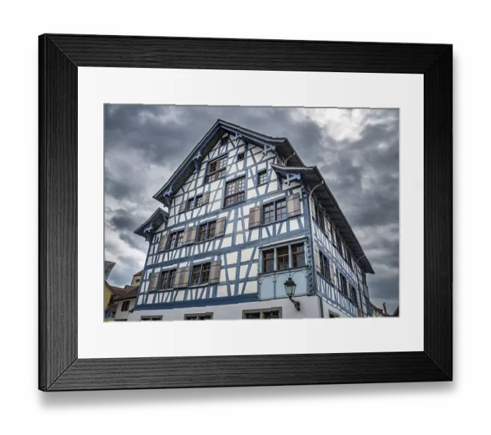Framed Print : Blue half-timbered house, historic centre Framed Print : Blue half-timbered house, historic centre