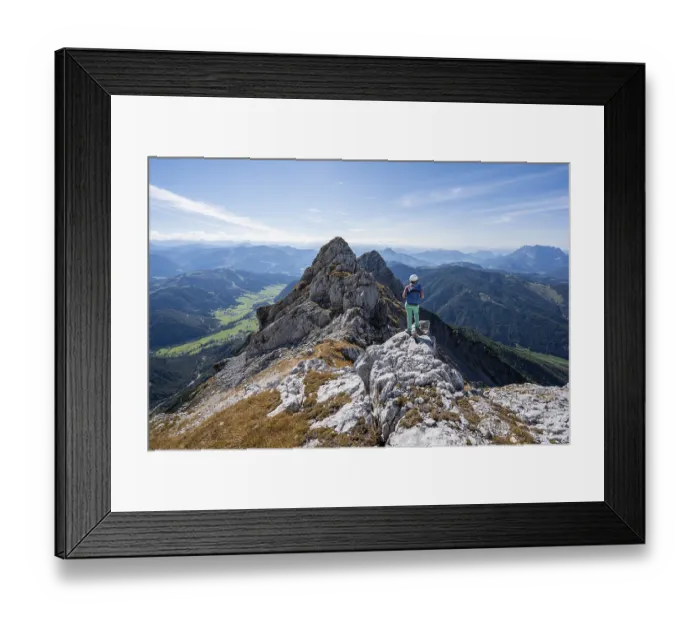 Framed Print : Hiker with climbing helmet on a hiking trail