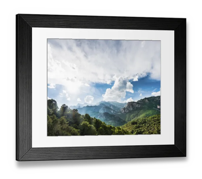 Framed Print : Rocky landscape with pines and cloudy sky