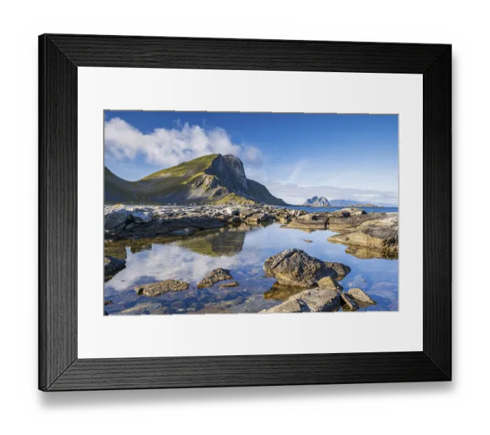 Framed Print : Rocky coast and mountains of the island of Vaeroy Framed Print : Rocky coast and mountains of the island of Vaeroy