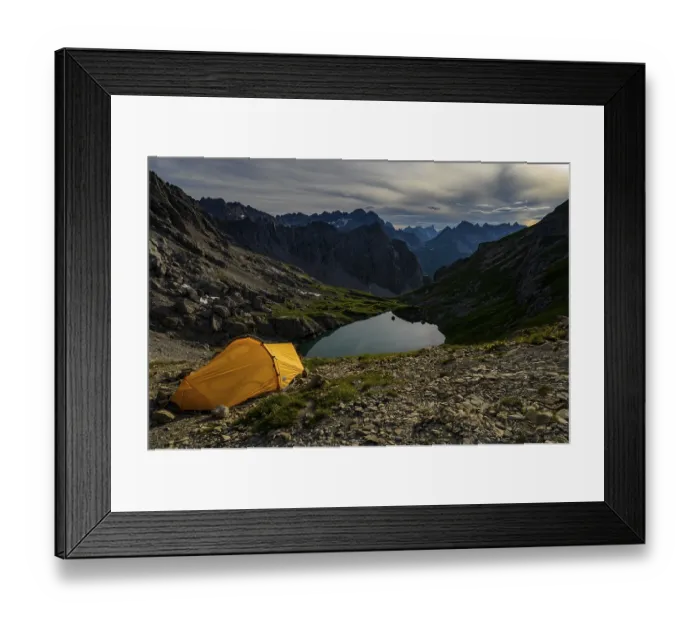 Framed Print : Tent in mountain landscape with Lake Guffelsee and Lechtaler Alps Framed Print : Tent in mountain landscape with Lake Guffelsee and Lechtaler Alps