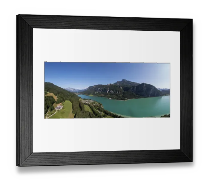Framed Print : Drone shot, panorama shot, Pichl Auhof at Mondsee with Schafberg