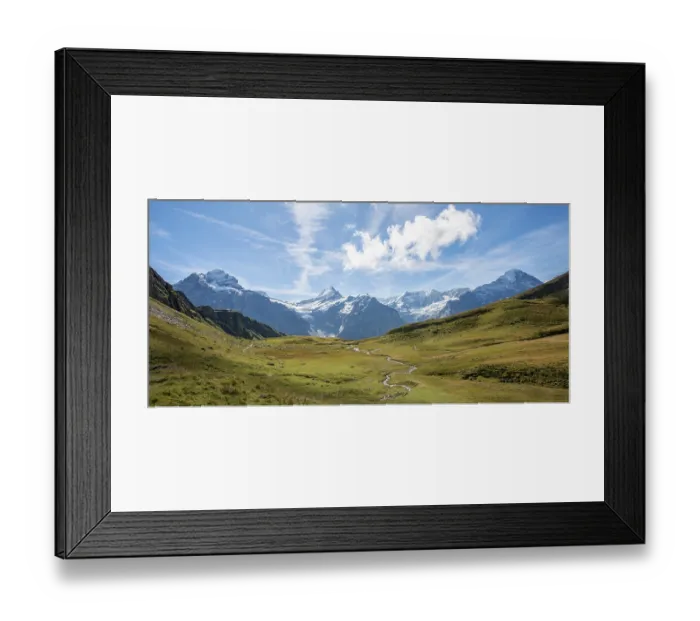 Framed Print : River meanders, behind snow-covered Schreckhorn Framed Print : River meanders, behind snow-covered Schreckhorn