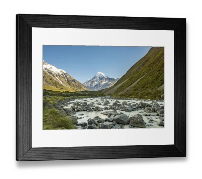 Framed Print : Hooker River in Hooker Valley with view of snow-capped Mount Cook Framed Print : Hooker River in Hooker Valley with view of snow-capped Mount Cook