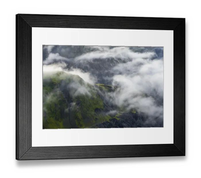 Framed Print : Fog, clouds moving around moss-covered mountains Framed Print : Fog, clouds moving around moss-covered mountains