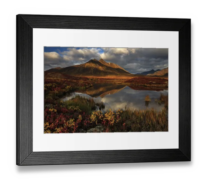 Framed Print : Reflection of mountains in a small lake in morning light