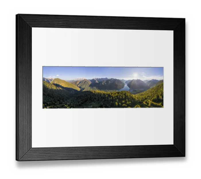 Framed Print : Aerial view, mountain panorama with Plansee lake in morning sun