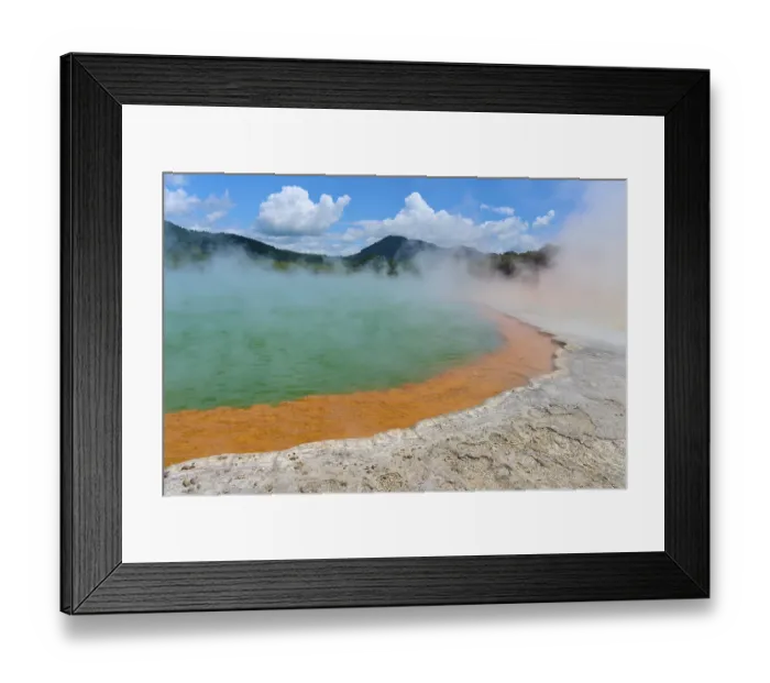 Framed Print : Bubbling mineral spring with steam and surrounded by mountains Framed Print : Bubbling mineral spring with steam and surrounded by mountains