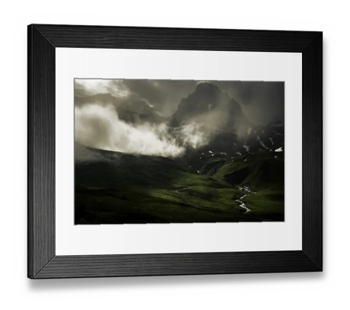 Framed Print : Peaks in the morning light and alpine landscape with dramatic clouds Framed Print : Peaks in the morning light and alpine landscape with dramatic clouds