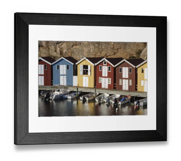 Framed Print : Boats and colourful boathouses in the harbour of Smoegen Framed Print : Boats and colourful boathouses in the harbour of Smoegen