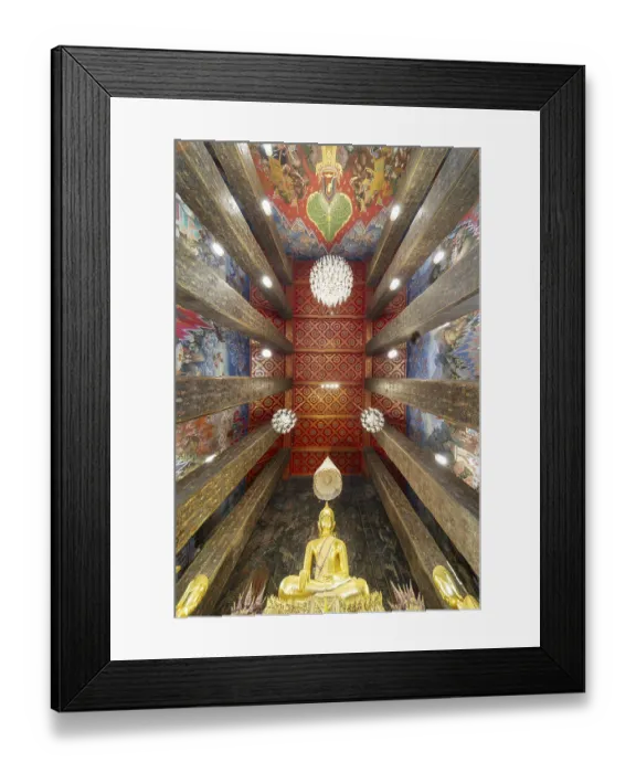 Framed Print : Frog's-eye view: coffered ceiling and golden Buddha statue