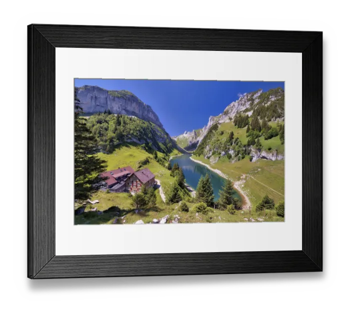 Framed Print : Faehlensee with Bollenwees mountain inn in the Alpstein Framed Print : Faehlensee with Bollenwees mountain inn in the Alpstein