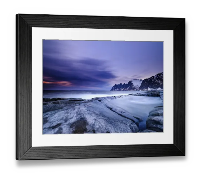 Framed Print : Natural pool on granite beach, Devils Teeth mountain peak in the back